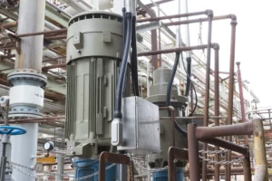 A pump at a chemical plant automated by chemical batching controls.