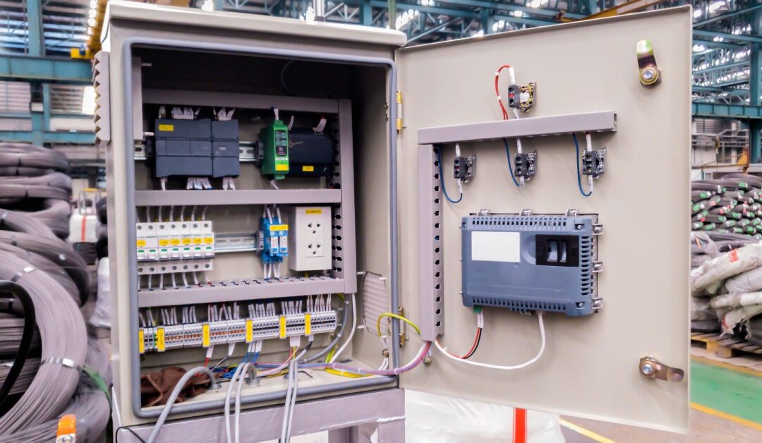 A large control panel with an open door showing multiple cables, connectors, and wires inside a large warehouse.